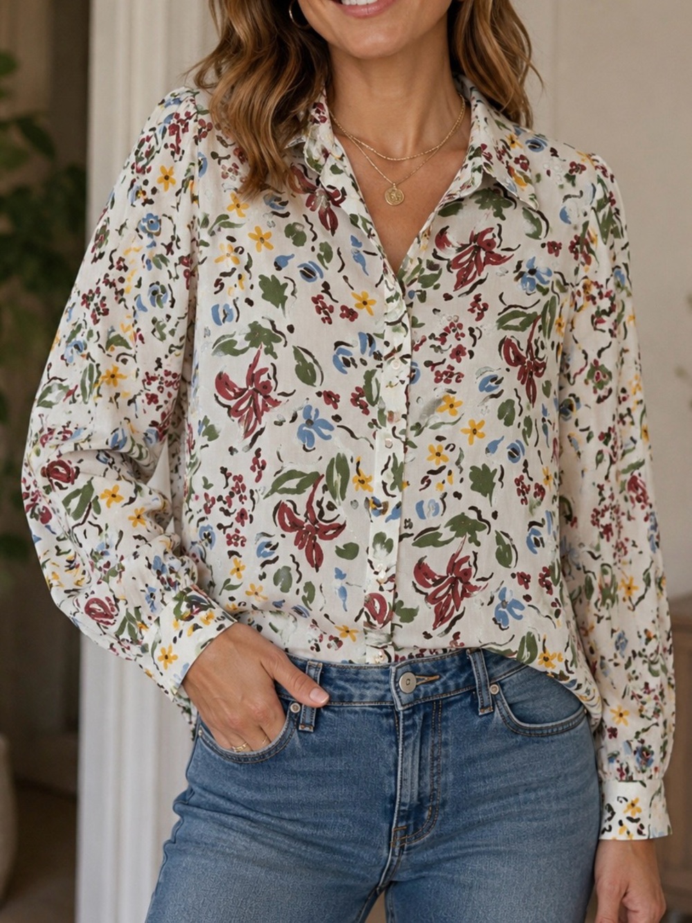 entro White Floral Button-Down Shirt with Multicolor Print